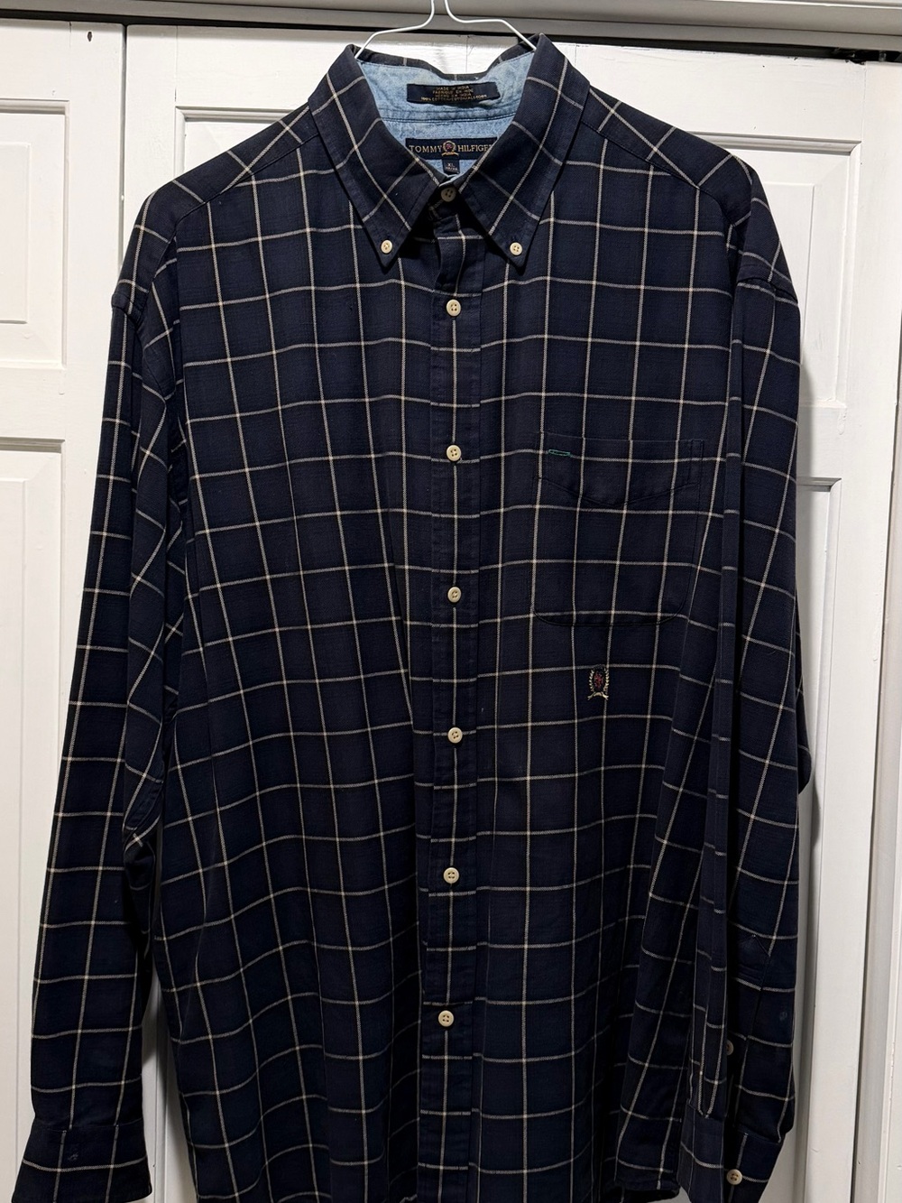 Vintage 90s Tommy Hilfiger Men's Navy Windowpane Button-Down Shirt XL